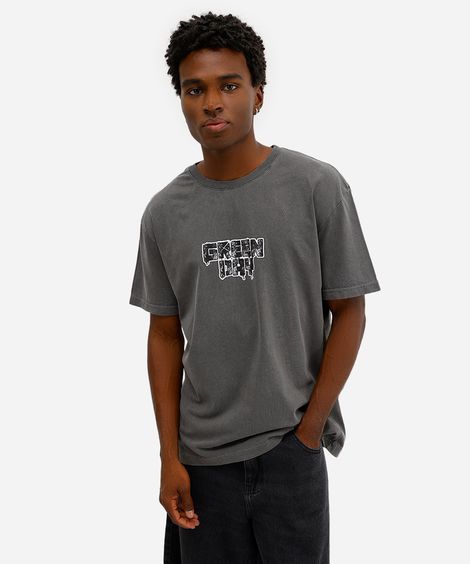 camiseta masculina de algodão green day estonada cinza