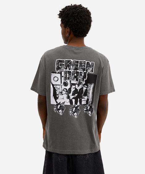 camiseta masculina de algodão green day estonada cinza