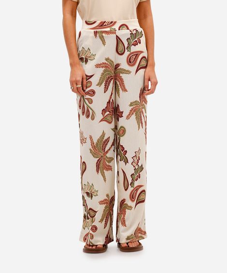 calça wide leg feminina texturizada folhagens off white