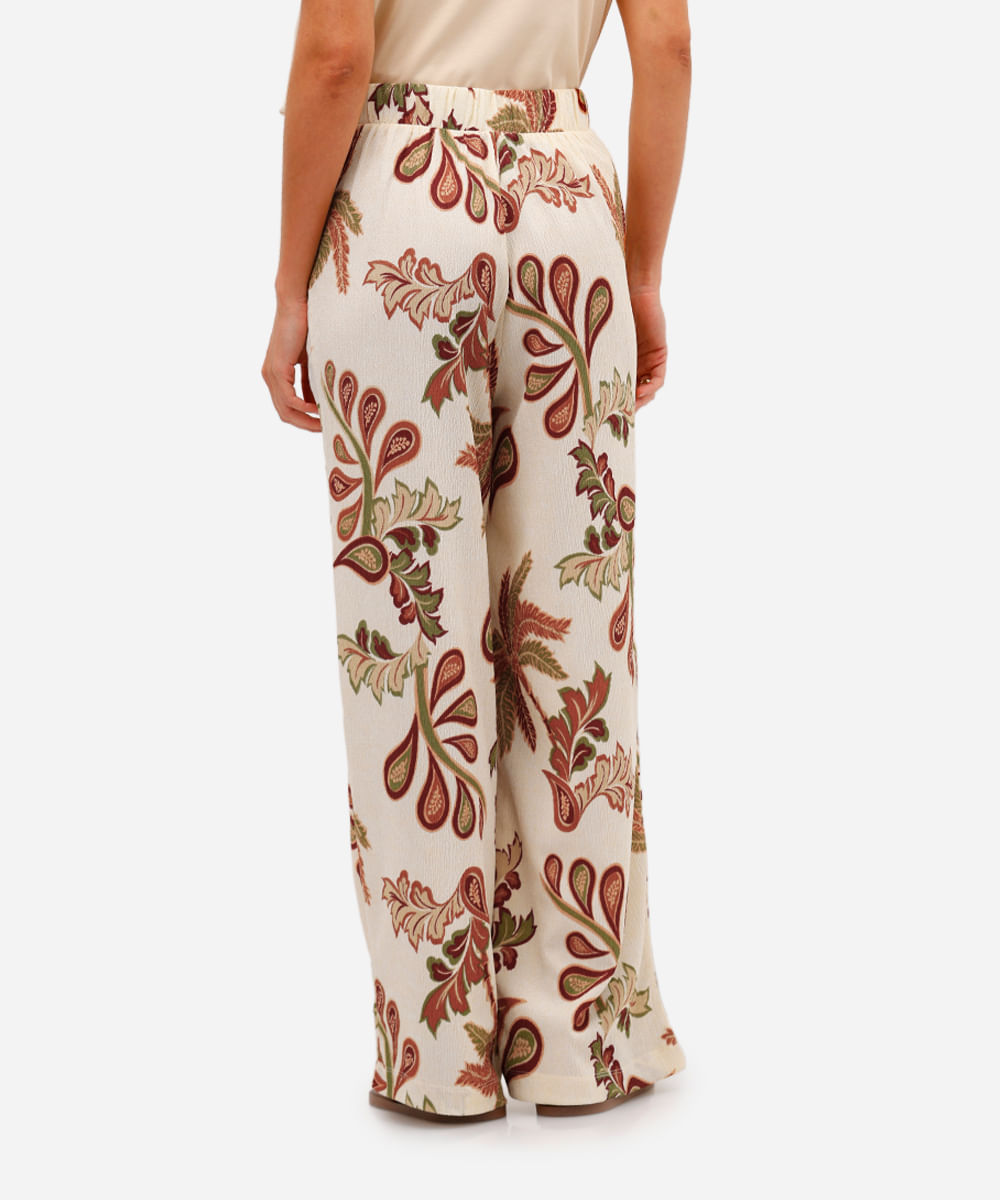 calça wide leg feminina texturizada folhagens off white