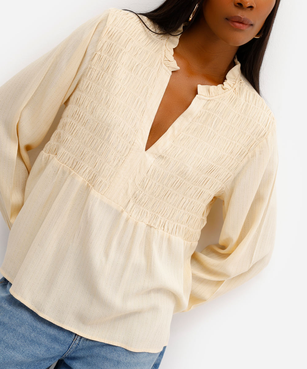 bata feminina de viscose franzida com lurex listrada amarela