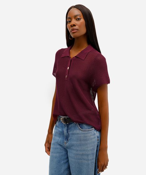 polo feminina de tricot manga curta vinho