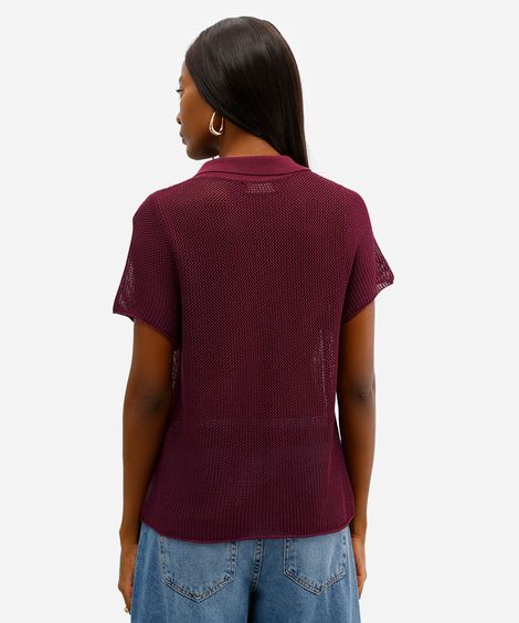 polo feminina de tricot manga curta vinho