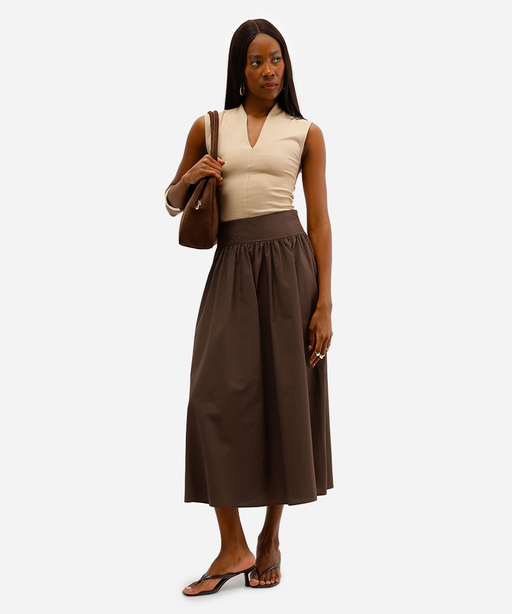 saia midi feminina com algodão marrom