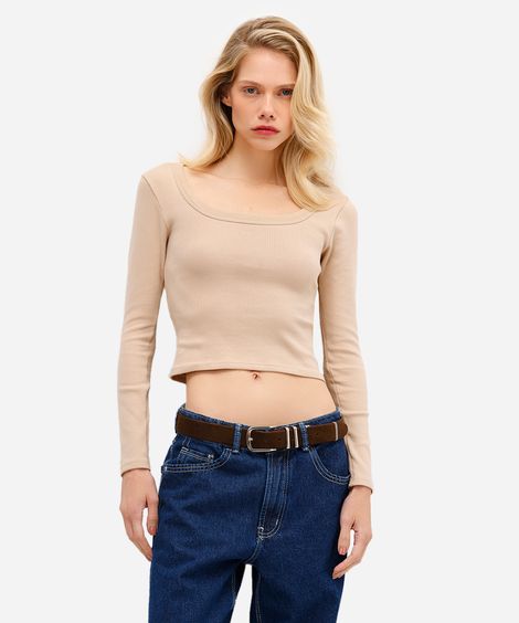 blusa básica feminina de algodão manga longa bege