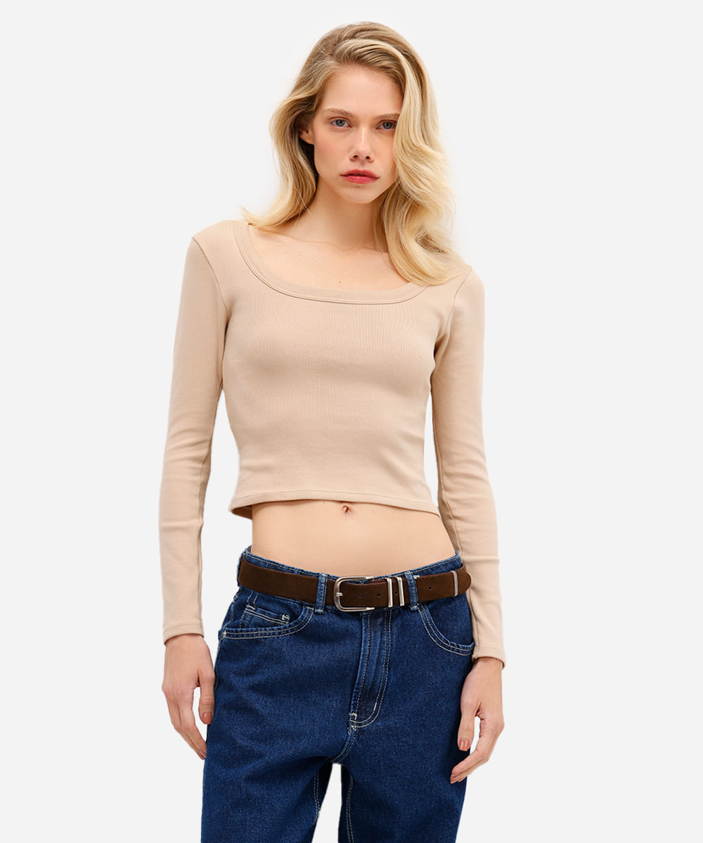 blusa básica feminina de algodão manga longa bege
