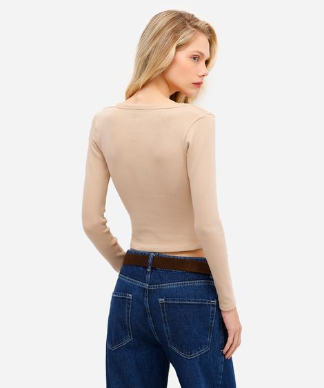 blusa básica feminina de algodão manga longa bege