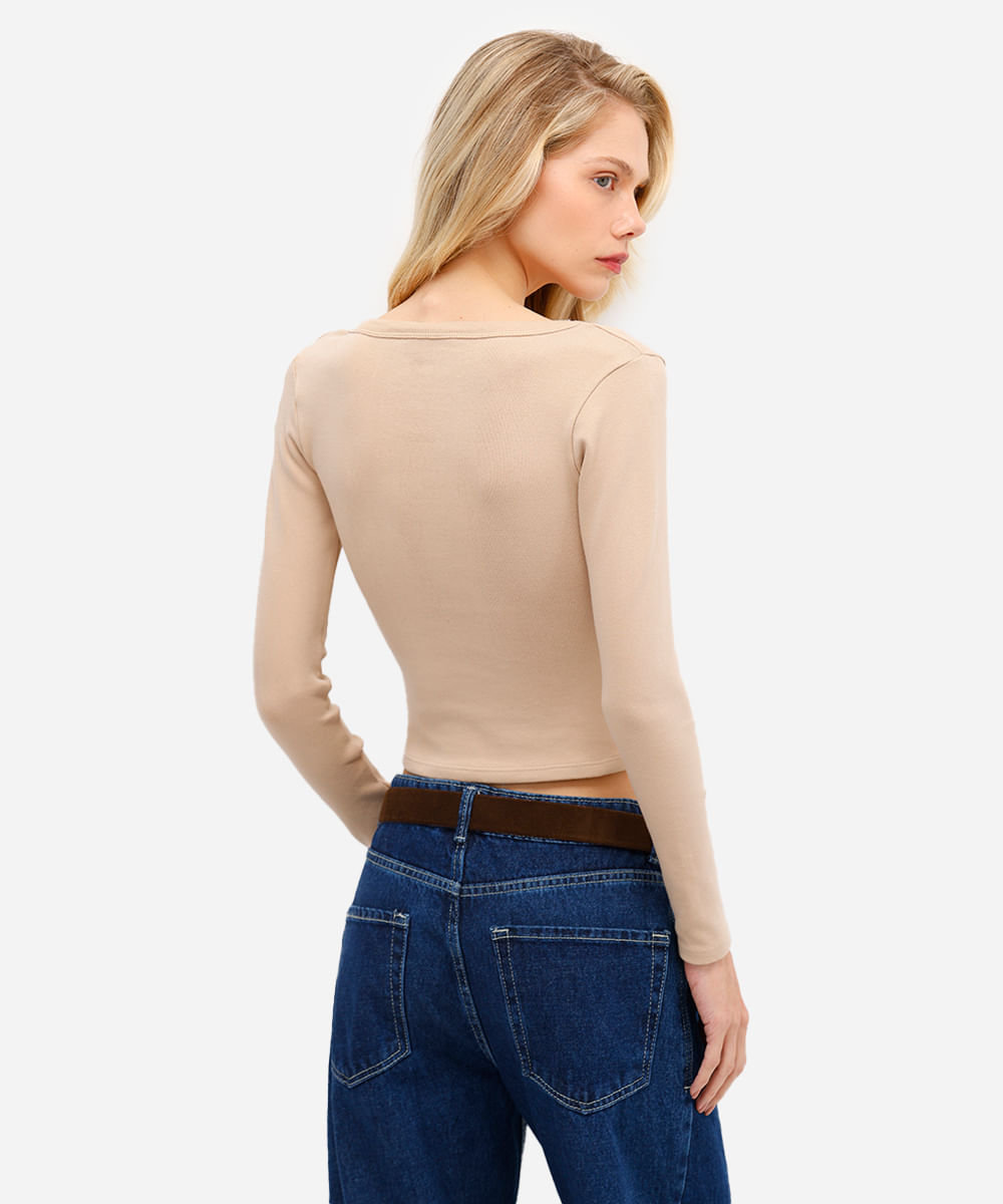blusa básica feminina de algodão manga longa bege