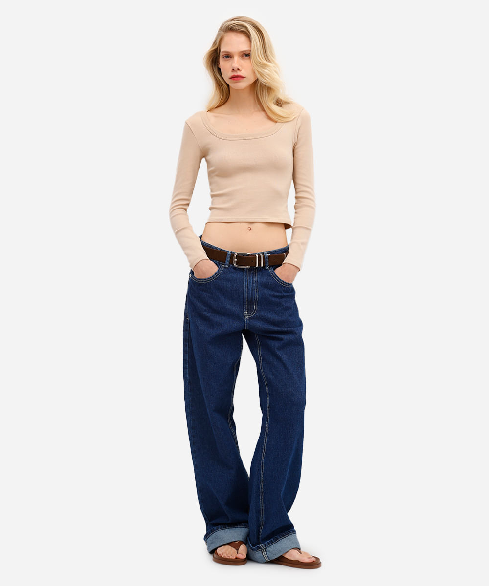 blusa básica feminina de algodão manga longa bege