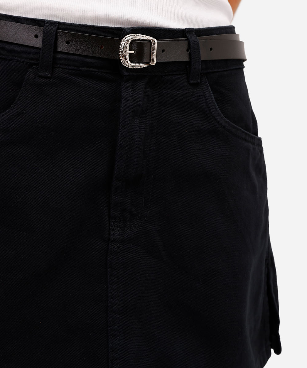 short saia feminino de sarja com cinto preto