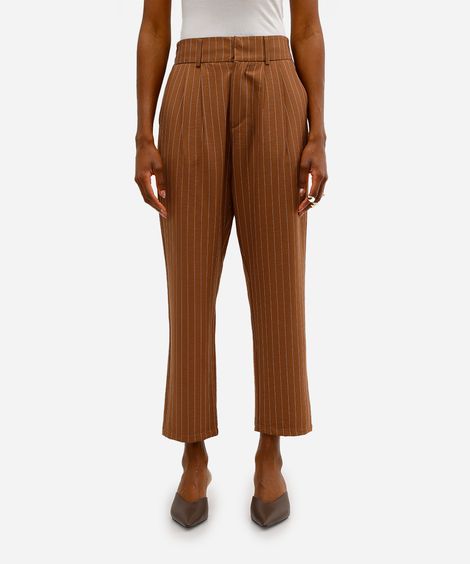 calça feminina de alfaiataria cós elástico risca de giz marrom