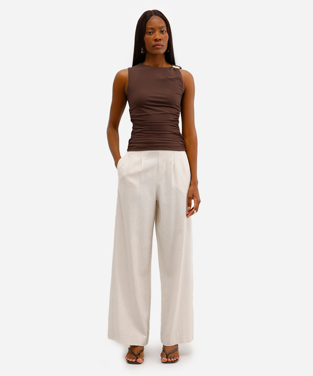 regata feminina de poliamida franzida marrom