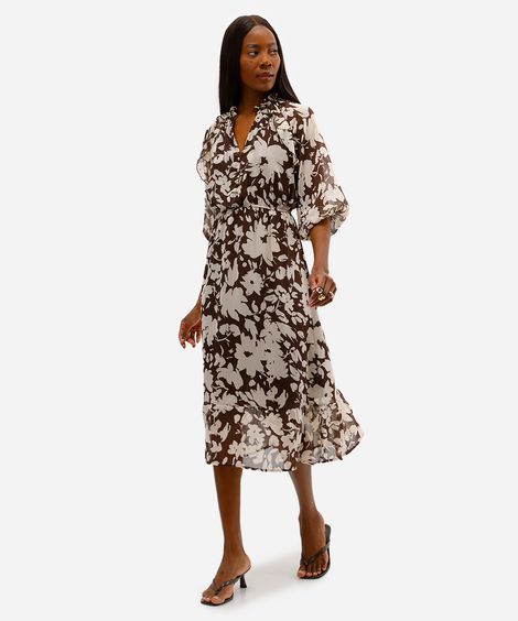 vestido midi feminino floral texturizado marrom