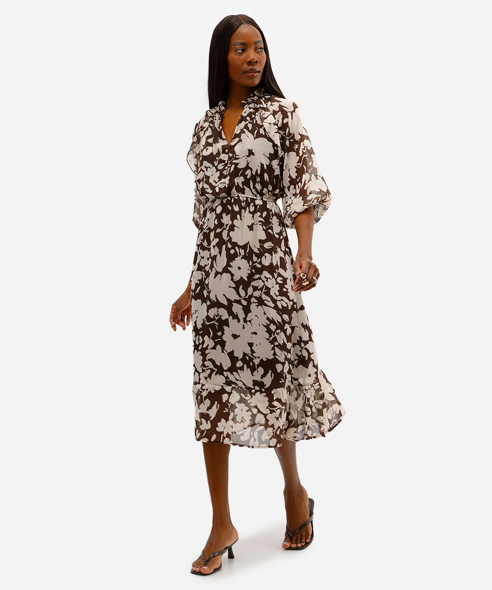 vestido midi feminino floral texturizado marrom