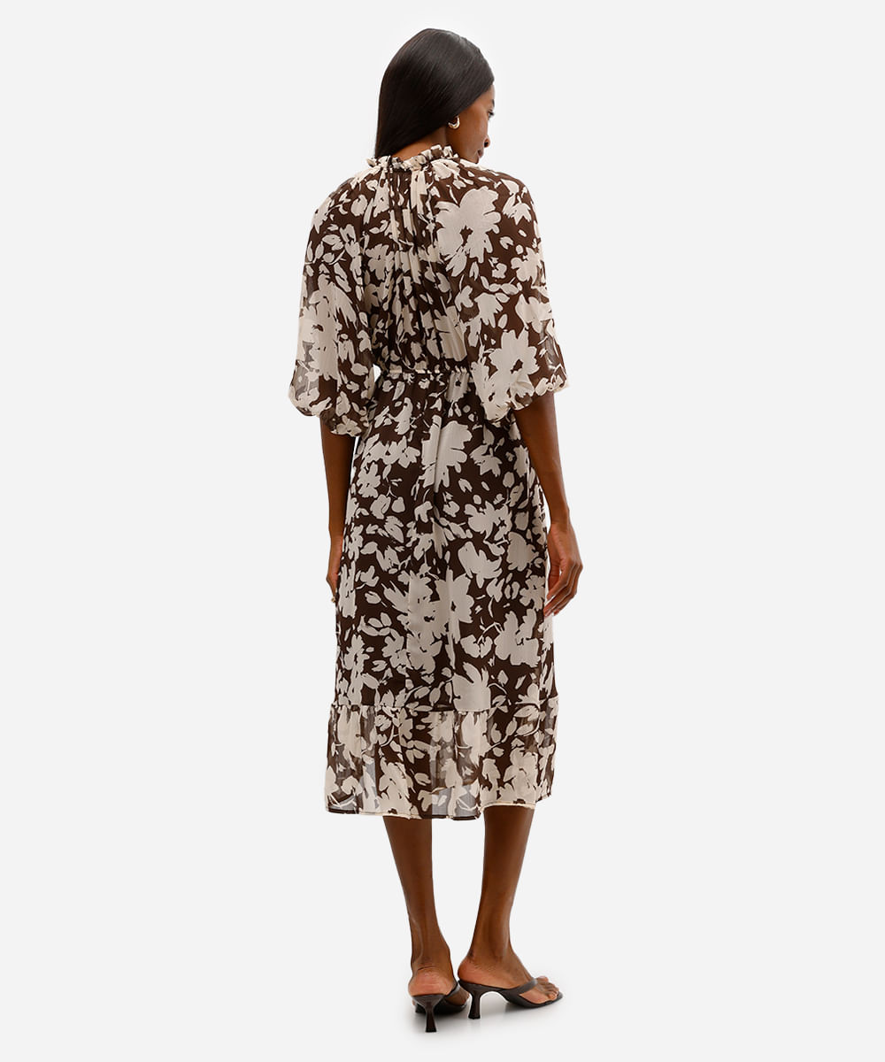vestido midi feminino floral texturizado marrom