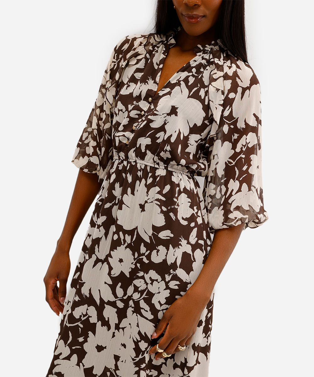 vestido midi feminino floral texturizado marrom