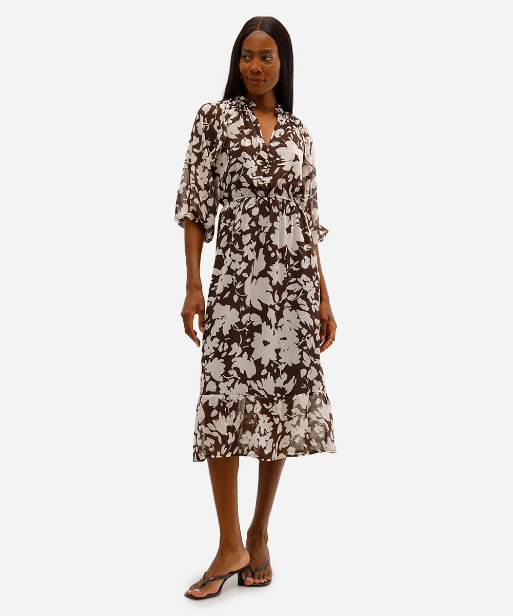 vestido midi feminino floral texturizado marrom