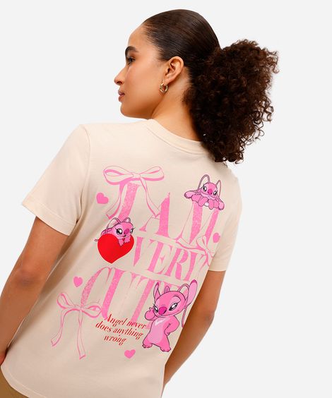 camiseta feminina de algodão stitch angel texturizada bege