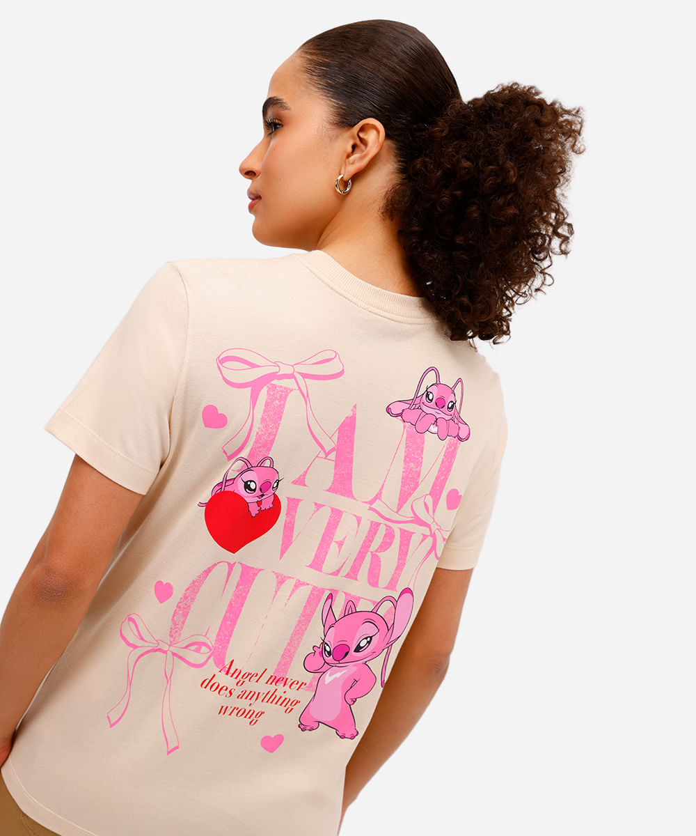 camiseta feminina de algodão stitch angel texturizada bege