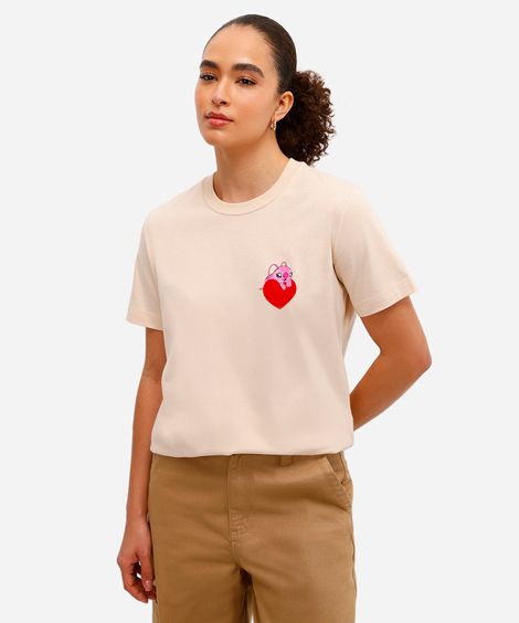 camiseta feminina de algodão stitch angel texturizada bege