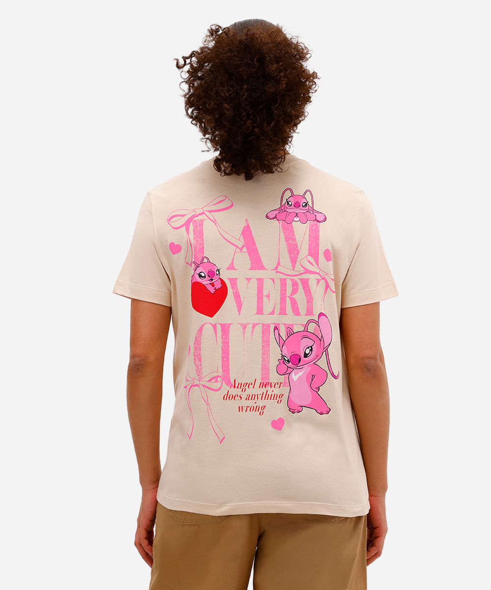 camiseta feminina de algodão stitch angel texturizada bege