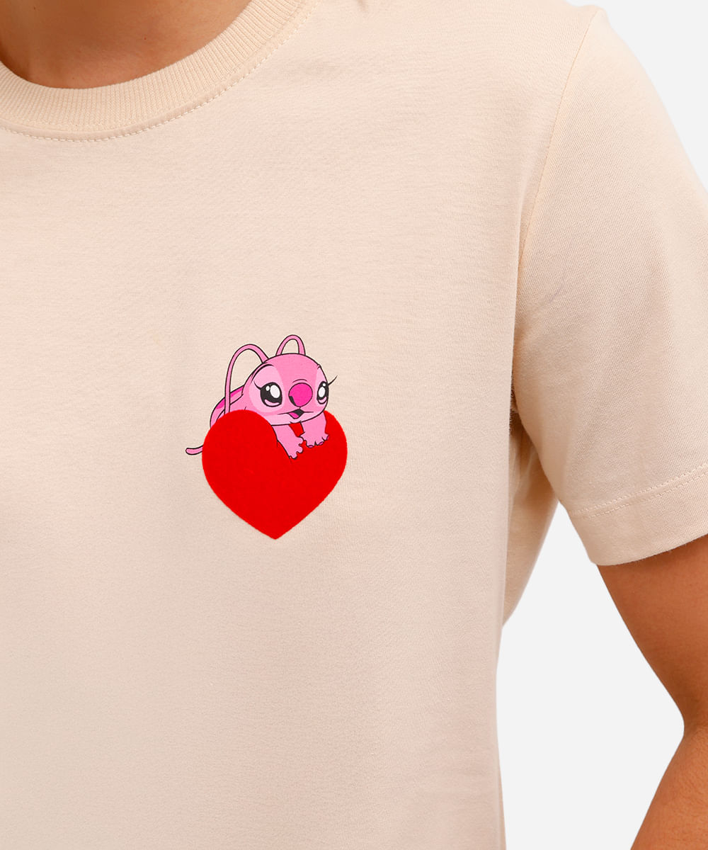 camiseta feminina de algodão stitch angel texturizada bege