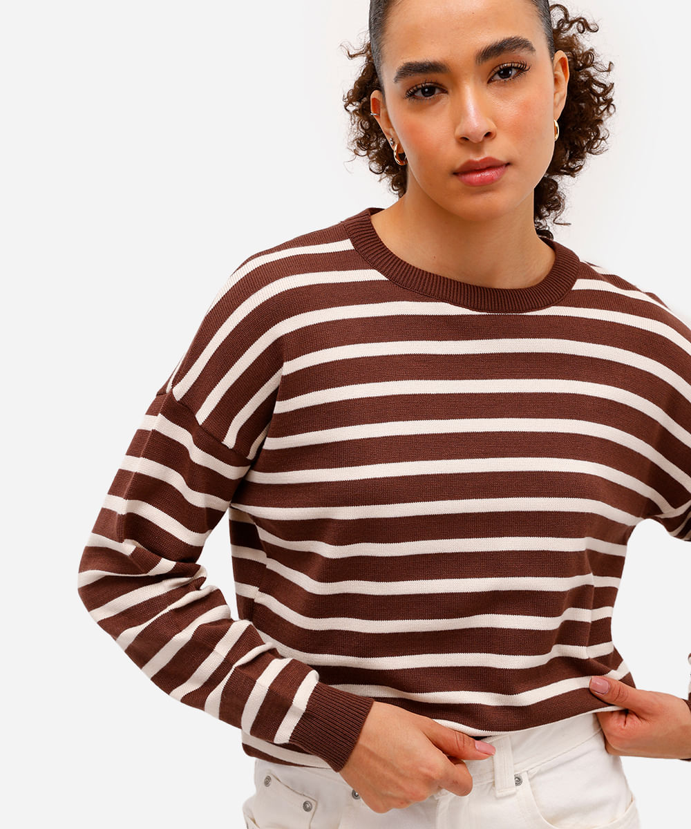 suéter feminino de tricot listrado marrom