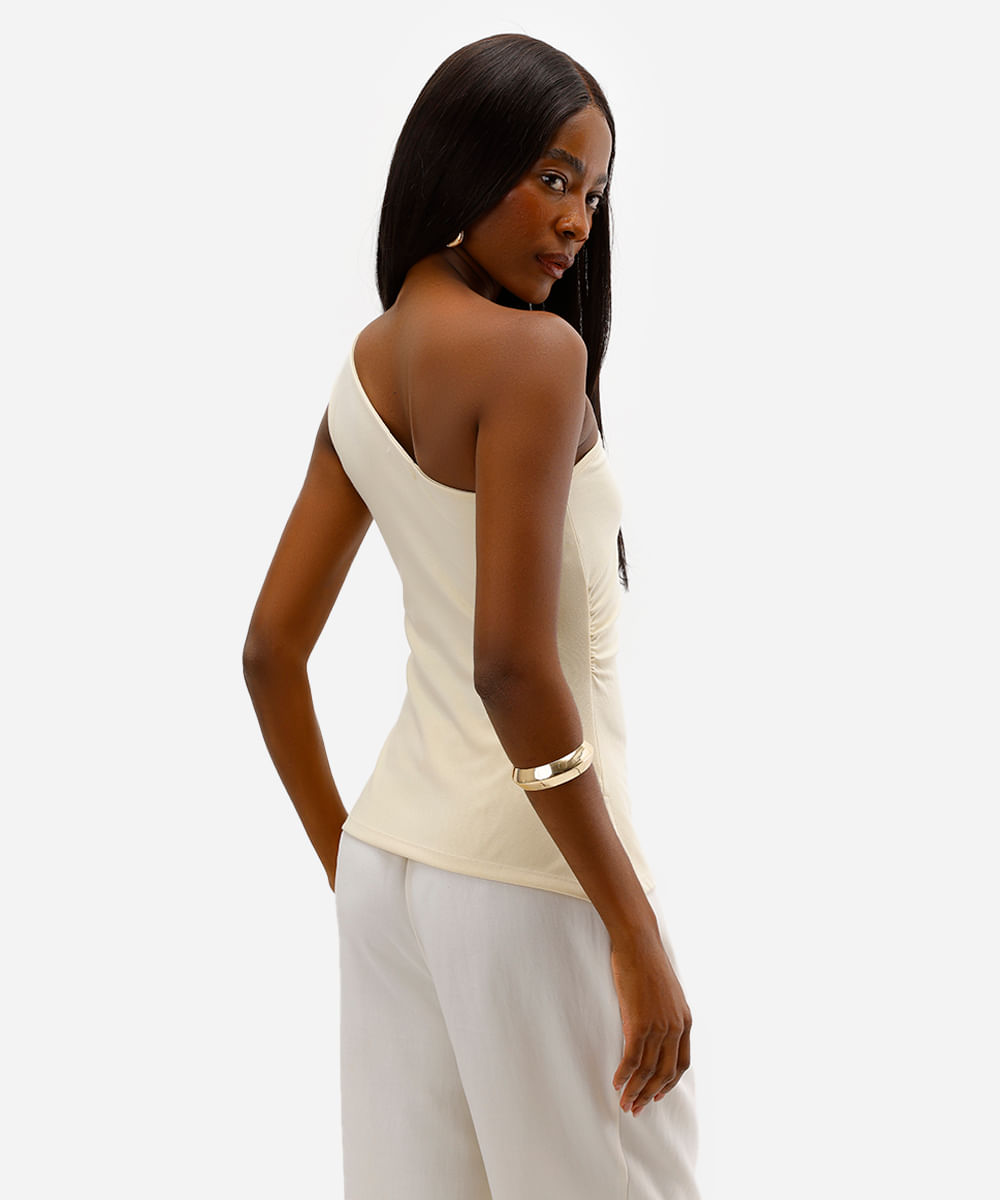 blusa ombro único feminina franzida com fendas amarela