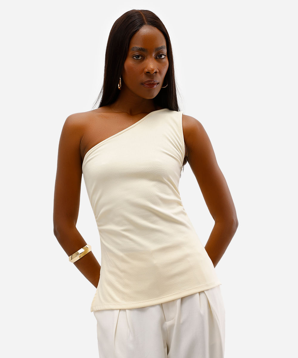 blusa ombro único feminina franzida com fendas amarela