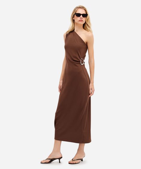 vestido midi ombro único feminino com franzido e fenda marrom