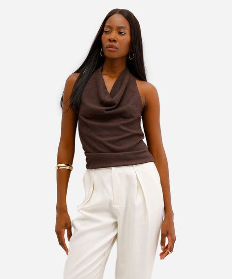 blusa feminina frente única franzida texturizada marrom