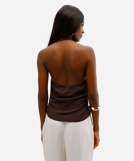 blusa feminina frente única franzida texturizada marrom