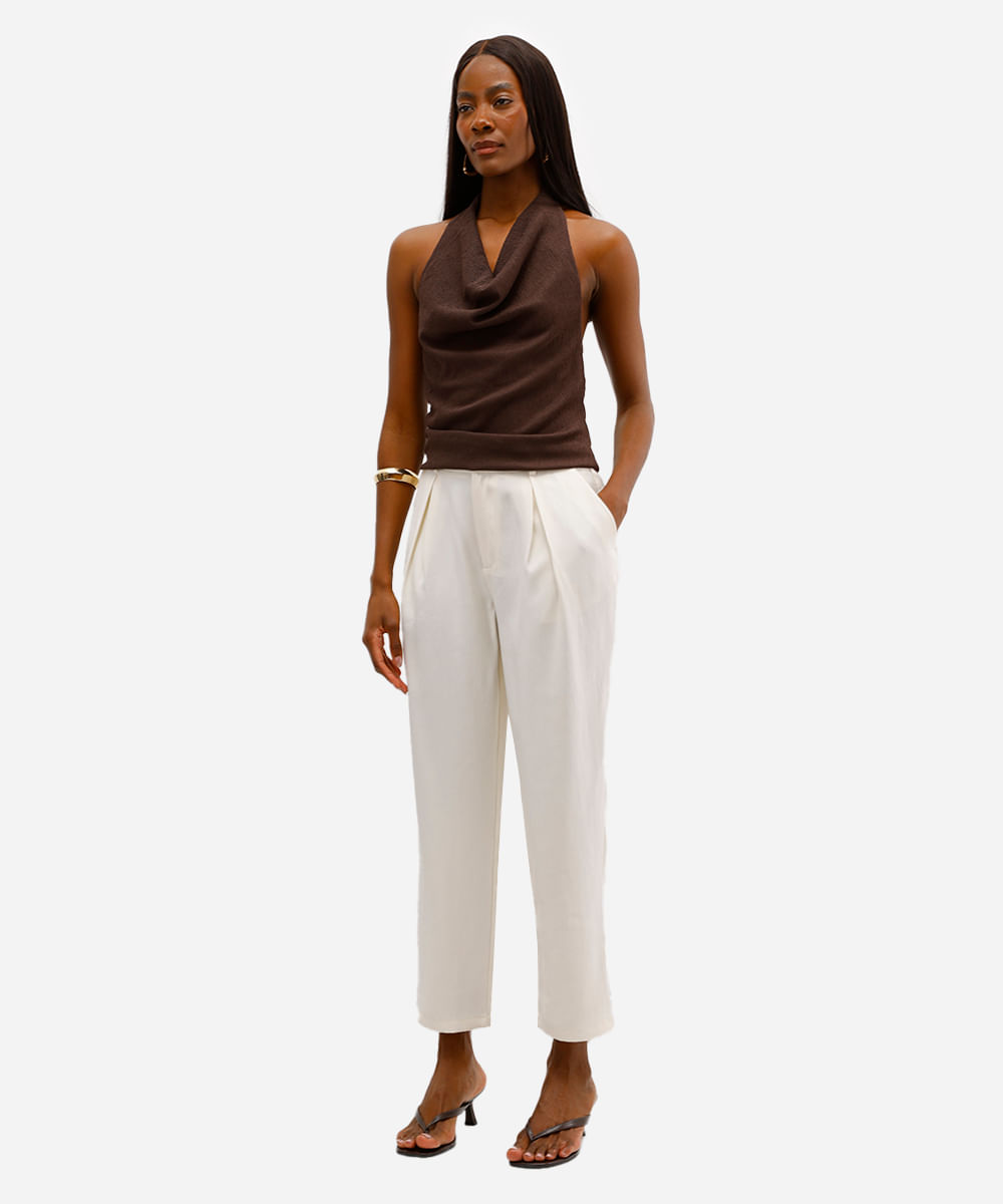 blusa feminina frente única franzida texturizada marrom