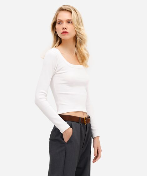 blusa básica feminina de algodão manga longa off white