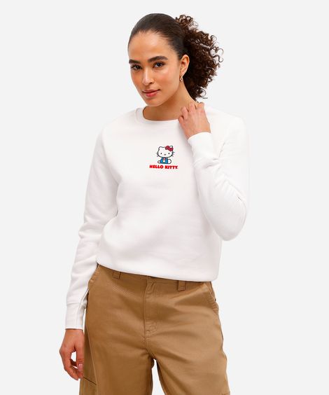 blusão feminino de moletom felpado hello kitty off white