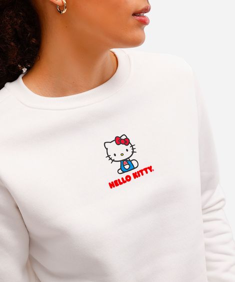 blusão feminino de moletom felpado hello kitty off white