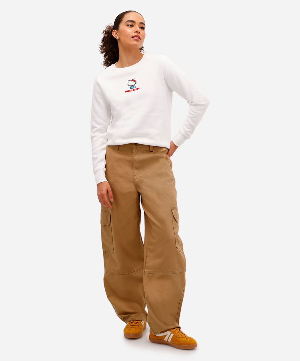 blusão feminino de moletom felpado hello kitty off white