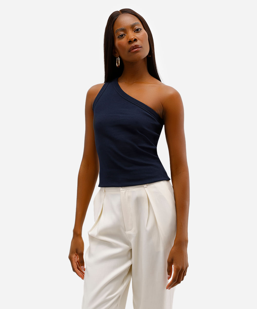 blusa ombro único feminina canelada azul