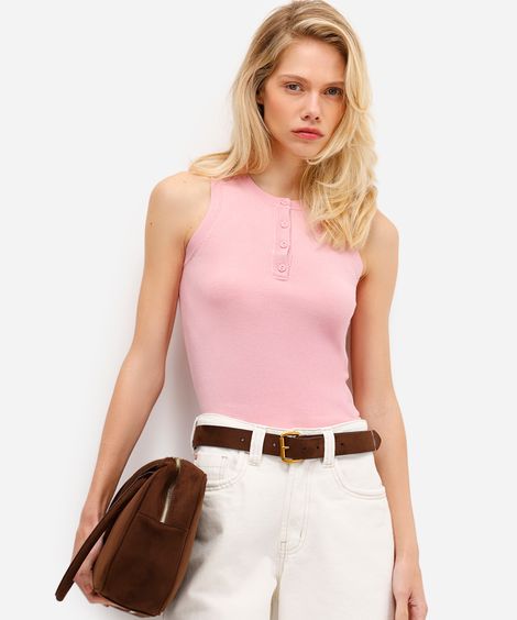 regata feminina de tricot com botões rosa