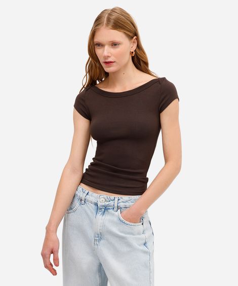 blusa feminina de algodão decote canoa marrom
