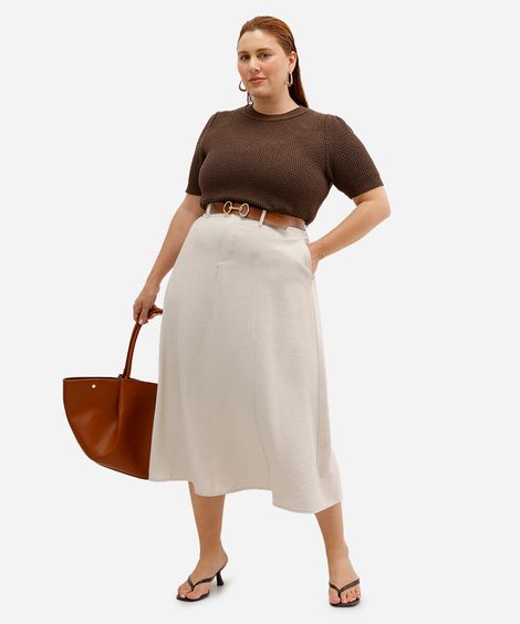 saia midi feminina de viscose com cinto plus size bege