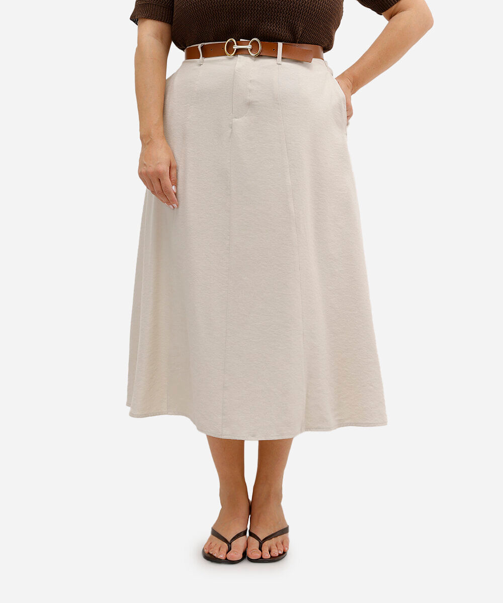 saia midi feminina de viscose com cinto plus size bege