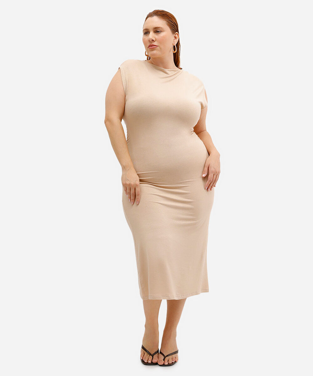 vestido feminino midi de viscose manga japonesa plus size bege