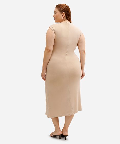 vestido feminino midi de viscose manga japonesa plus size bege