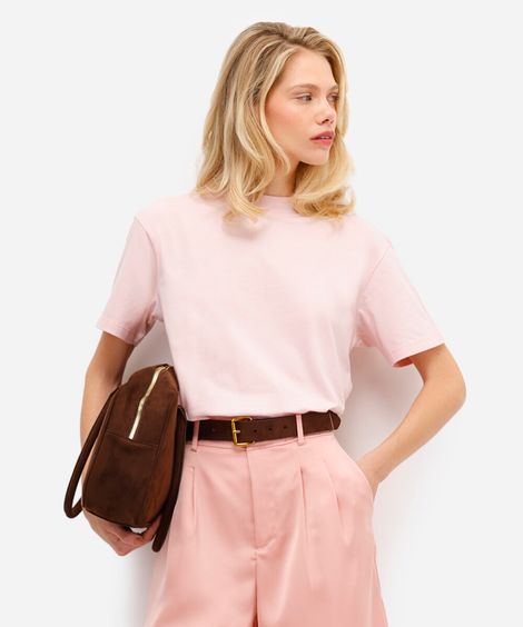 camiseta básica feminina manga curta gola alta rosa