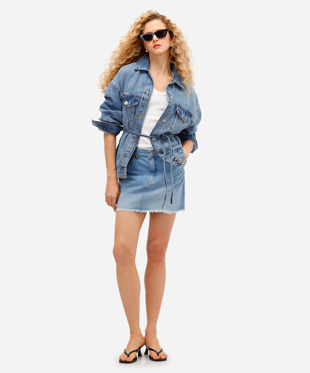 minissaia feminina jeans barra desfiada azul