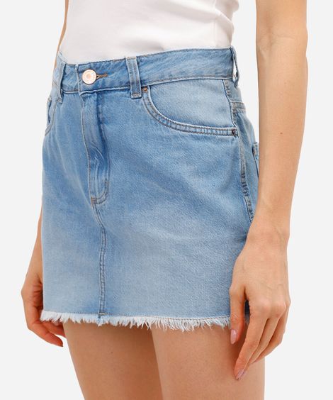 minissaia feminina jeans barra desfiada azul