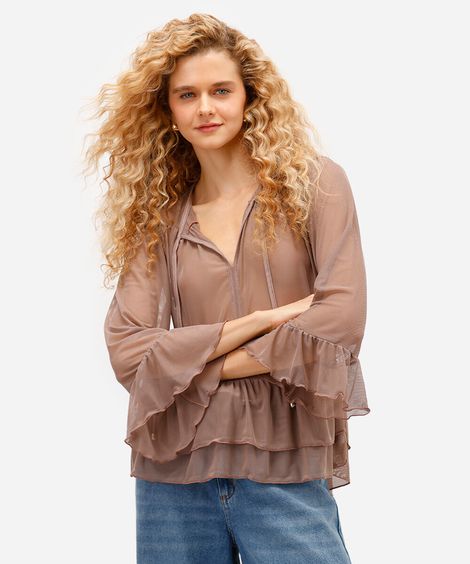 bata feminina de tule com babados marrom
