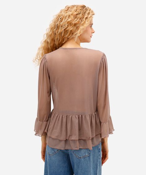bata feminina de tule com babados marrom