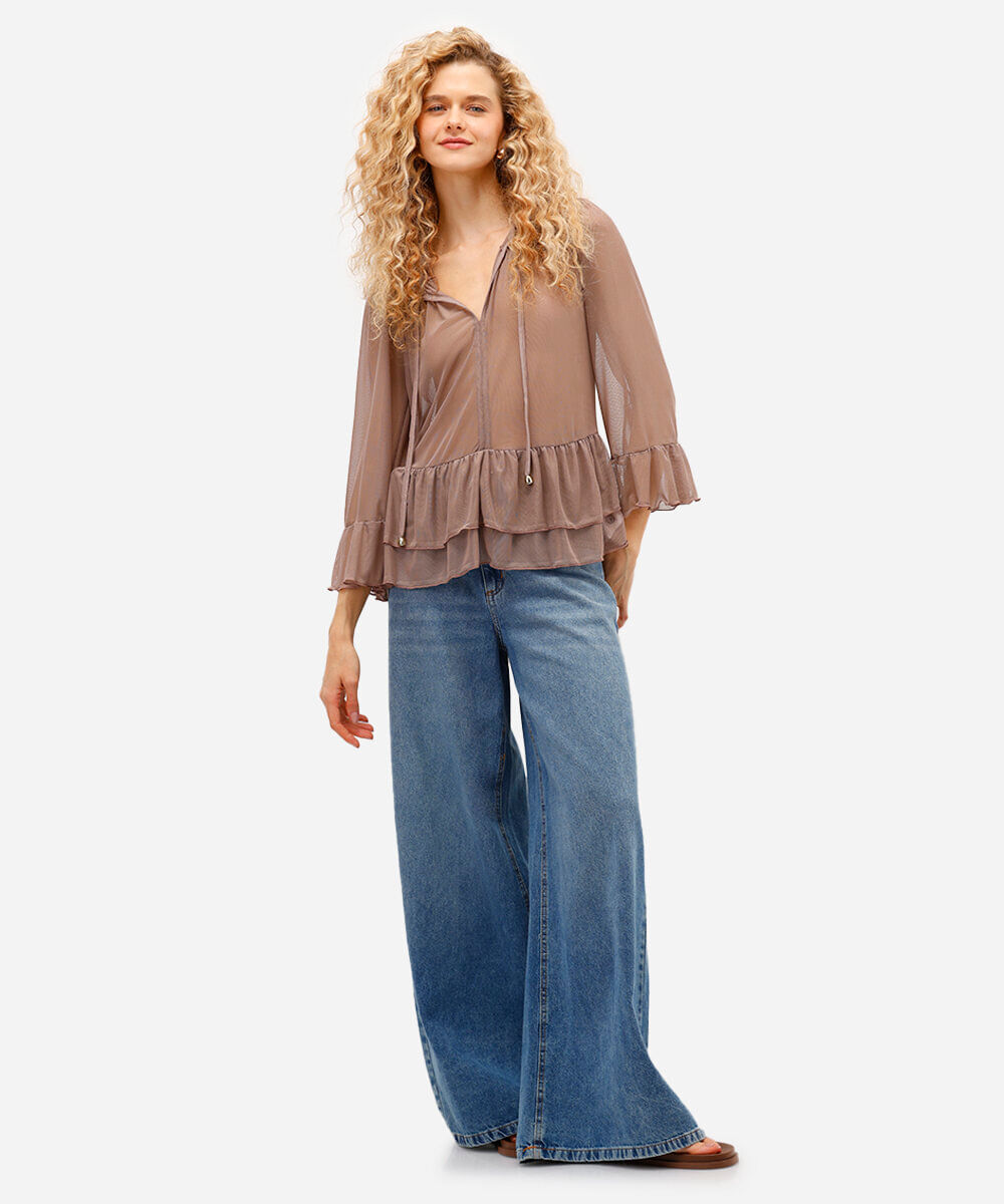 bata feminina de tule com babados marrom